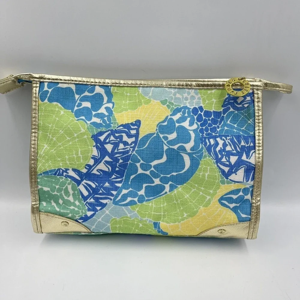 Estee Lauder Lilly Pulitzer Cosmetic Makeup bag Blue Green Gold Trim
